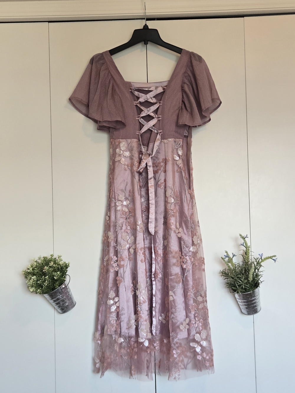 Dusty Rose Embroidered Midi Dress with Square Neck - Picture 2 of 4